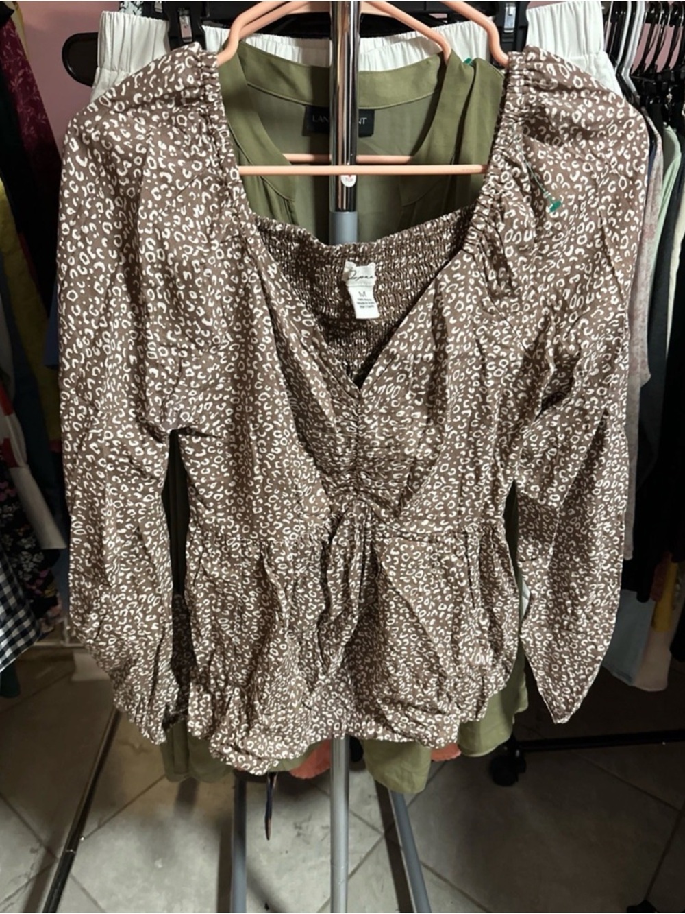 Brown Printed Long-Sleeve Smocked Waist Blouse